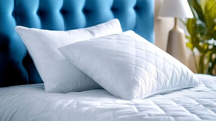 Fototapeta premium Two white pillows on a bed with a blue headboard