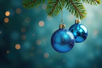 Fototapeta premium Blue glass ball ornaments hanging on tree branches , blue, branch