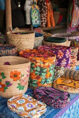 Woven baskets and fabrics displayed in an artisan market