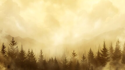 A misty forest silhouette with evergreen trees and mountainous background