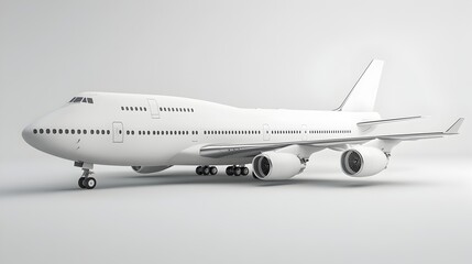 Obraz premium A pristine white passenger jet airplane is shown in a clean studio setting against a neutral light gray background.