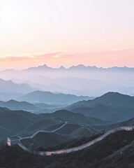 Sunrise shot of the Great Wall with soft pastel skies