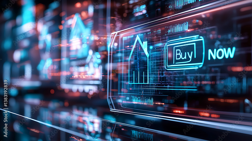 Poster digital purchase interface online shopping graphic display futuristic environment close-up view e-co