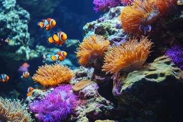 Vibrant coral reef aquarium with clownfish and anemones