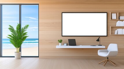 Serene Modern Home Office with Natural Light and Coastal View Featuring Minimalist Decor and Lush Green Plant for Tranquil Environment,Office interior backdrop for online meetings