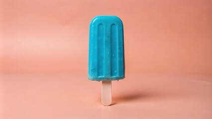 A single popsicle with a light blue frozen treat on a stick stands upright on a peach background.