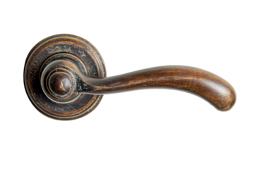 Elegant vintage door handle crafted from dark wood mounted on a pristine white wall