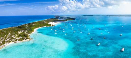 Aerial view of the beautiful coast of Stocking Island, The Exumas, Bahamas, with sandy beaches and...