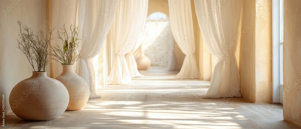 Poster serene interior with flowing white curtains vases and sunlight casting shadows on the floor creating