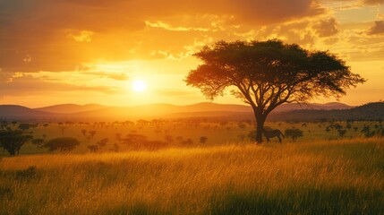 Obraz premium African savanna sunset with acacia tree silhouette.