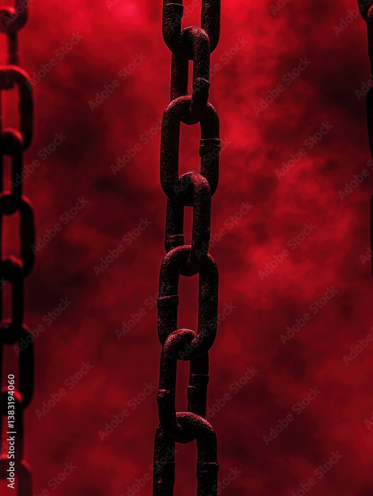 Poster dark chains hanging against a red smoky background creating a dramatic and mysterious atmosphere wit
