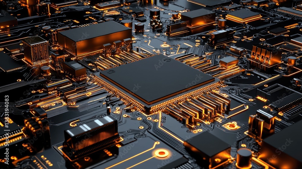 Aufkleber an intricate, glowing circuit board with sci-fi elements, creating a cutting-edge digital theme.