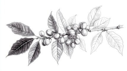 Black and white line drawing of a coffee branch with leaves and fruit clusters.