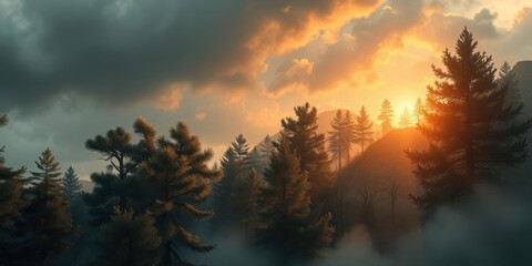 Obraz premium Majestic Sunset Over Misty Pine Forest Landscape
