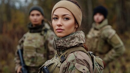 Fototapeta premium Woman on patrol : A soldier patrolling an area with her companions. 