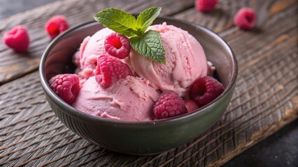 A bowl of pink ice cream with fresh raspberries and a sprig of mint, resting on a rustic wooden surface.