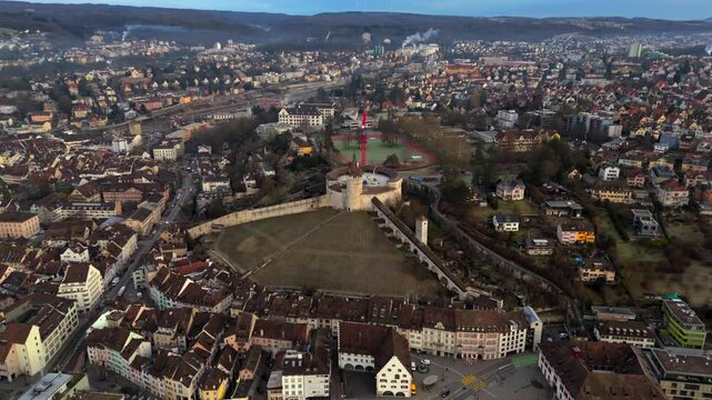 Fort Munot, Schaffhausen, Switzerland aerial view in winter warm weather at dawn. Munot ist Zirkularfestung im Zentrum schweizerischen Stadt Schaffhausen auf Emmersberg in der Schweiz Luftaufnahme. 