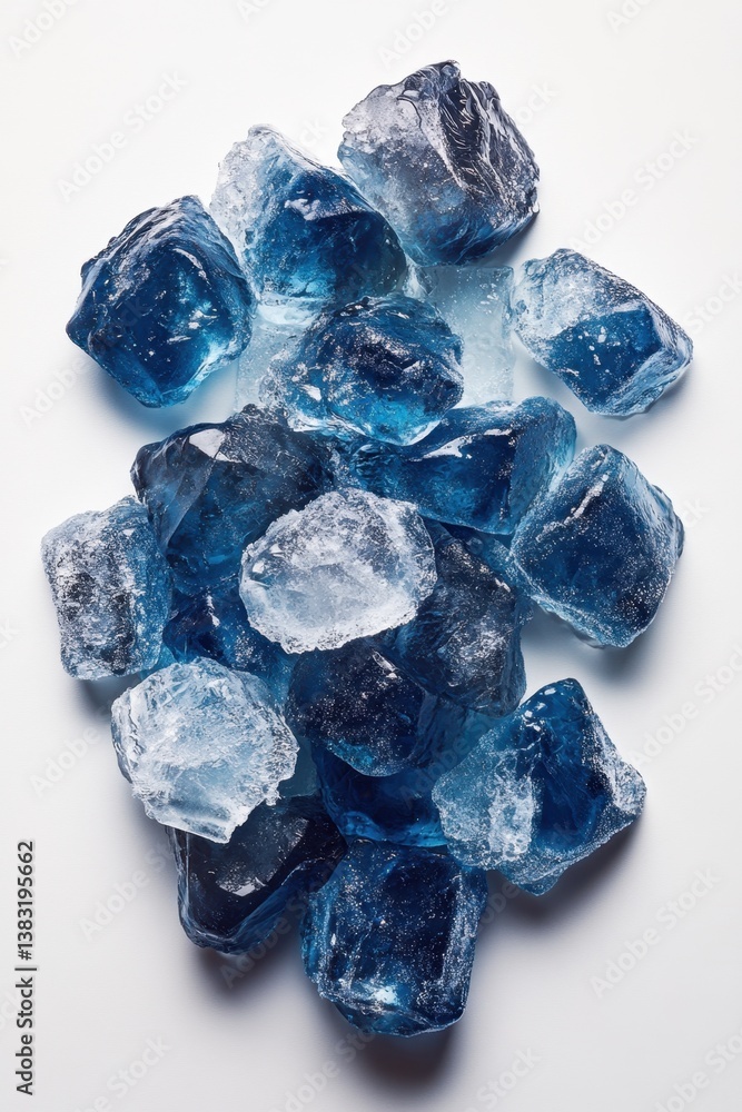 Poster captivating still life of translucent blue glass rocks on a white background showcasing texture and 