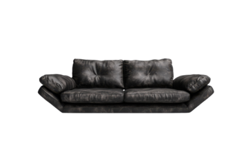 A modern black leather sofa gently floating above a sleek, minimalist surface in bright surroundings