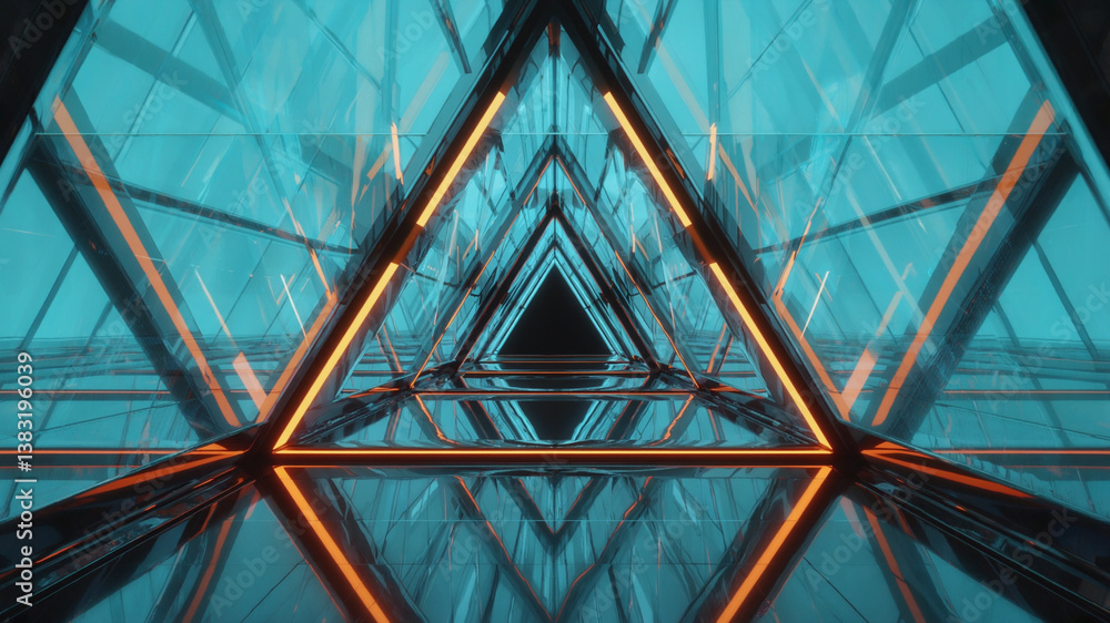 Wall mural triangular architecture with light. reflective, symmetrical design in blue and orange hues