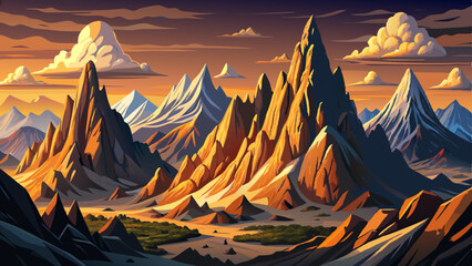 Mountain peaks and rocky terrain with low clouds, epic adventure vector scene