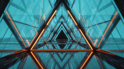Triangular architecture with light. Reflective, symmetrical design in blue and orange hues