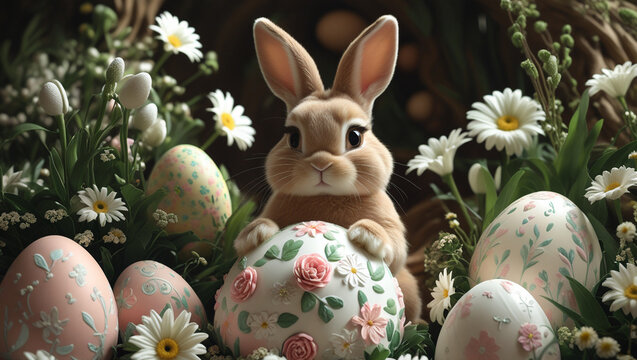Easter Bunny with Colorful Eggs and Flowers
