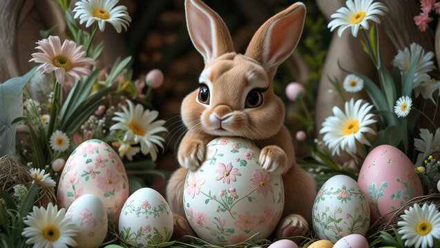 Easter Bunny with Eggs in a Spring Garden