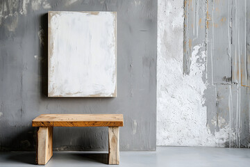 Minimalist wooden bench against textured gray wall with blank canvas. soft tones create serene atmosphere, perfect for modern decor