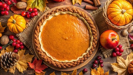 Fototapeta premium A classic pumpkin pie, a seasonal dessert, surrounded by autumnal leaves, nuts, cinnamon sticks, and a ripe apple.