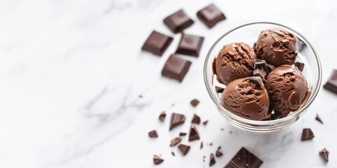 Banner with chocolate ice cream balls in a bowl with chocolate pieces on a white background. Photo background with space for text.
