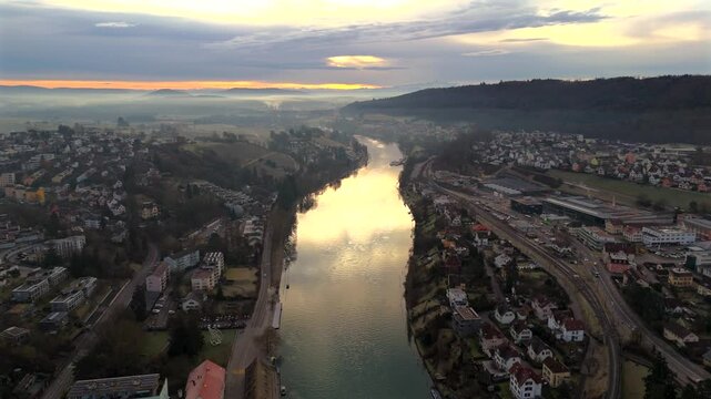 Winter panorama of Schaffhausen, Switzerland. Medieval architecture, Rhine River and cityscape. Aerial perspective highlights city center, historic streets and riverbend. Luftbild Rhein in Schweiz. 