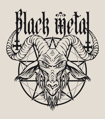Vector banner on occultism and witchcraft, death metal rock music with phrase Black metal written in gothic font with inverted crosses and horned goat head and satanic pentagram. Used for poster