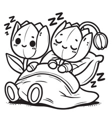 Fototapeta premium Coloring book tulip characters sleeping soundly on a soft pillow, with 