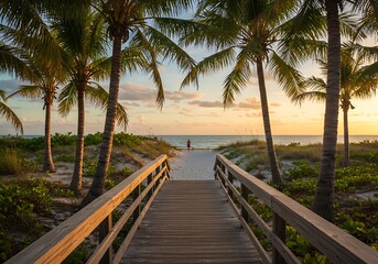 Obraz premium A tranquil sunset stroll along a wooden boardwalk, leading to a pristine beach under a canopy of swaying palm trees, bathed in warm golden light.