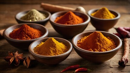 a closeup of spices like turmeric cumin paprica