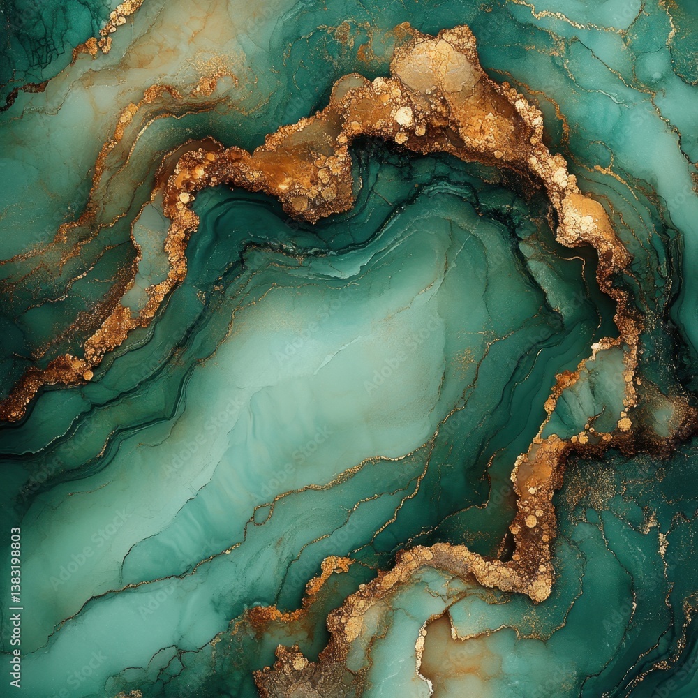 Poster abstract fluid art in teal and gold tones creating a luxurious marble effect with swirling patterns 