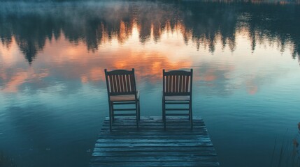 Two chairs on a dock at sunrise over a calm lake.