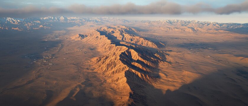 Breathtaking aerial view of a rugged mountain range bathed in golden sunlight with snow capped peaks and vast desert landscape