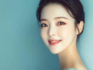 Fototapeta premium An Asian woman with black hair, round face, beautiful eyes, wearing a sleeveless top and bright lip makeup, poses for a head shot in front of a light background.