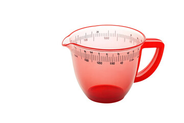 A bright red measuring cup sits elegantly on a white surface, showcasing precise measurements