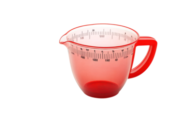 A bright red measuring cup sits elegantly on a white surface, showcasing precise measurements