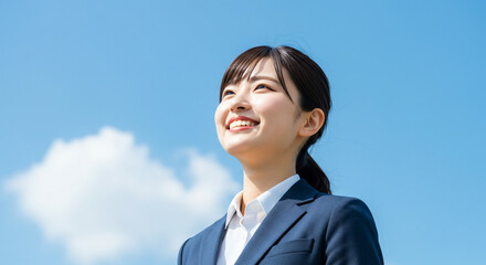 笑顔で空を見上げるスーツ姿の若い女性。新入社員、新生活、新社会人、ビジネスウーマン。