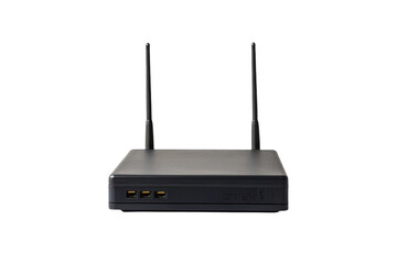 Modern black wireless router with dual antennas on a clean white surface in a tech-savvy environment