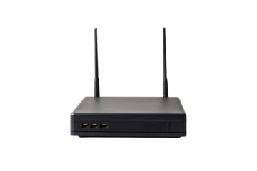 Modern black wireless router with dual antennas on a clean white surface in a tech-savvy environment