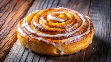 Fototapeta premium A close-up shot of a freshly baked cinnamon roll with a white glaze, resting on a rustic wooden surface, showcasing its golden brown crust and enticing swirl of cinnamon filling.