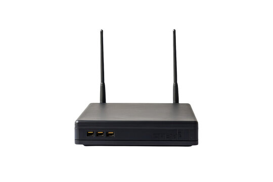 Modern black wireless router with dual antennas on a clean white surface in a tech-savvy environment