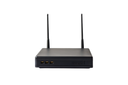 Modern black wireless router with dual antennas on a clean white surface in a tech-savvy environment