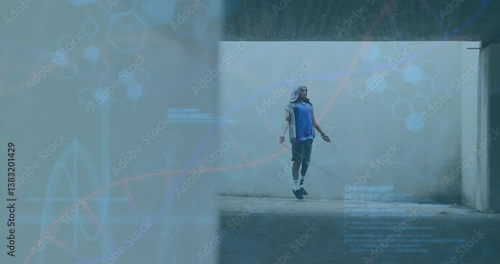 Poster man jumping rope in urban setting with scientific data animation overlay