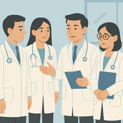 Fototapeta premium Medical team conference healthcare professionals in white coats discussing patient care collaboration and teamwork